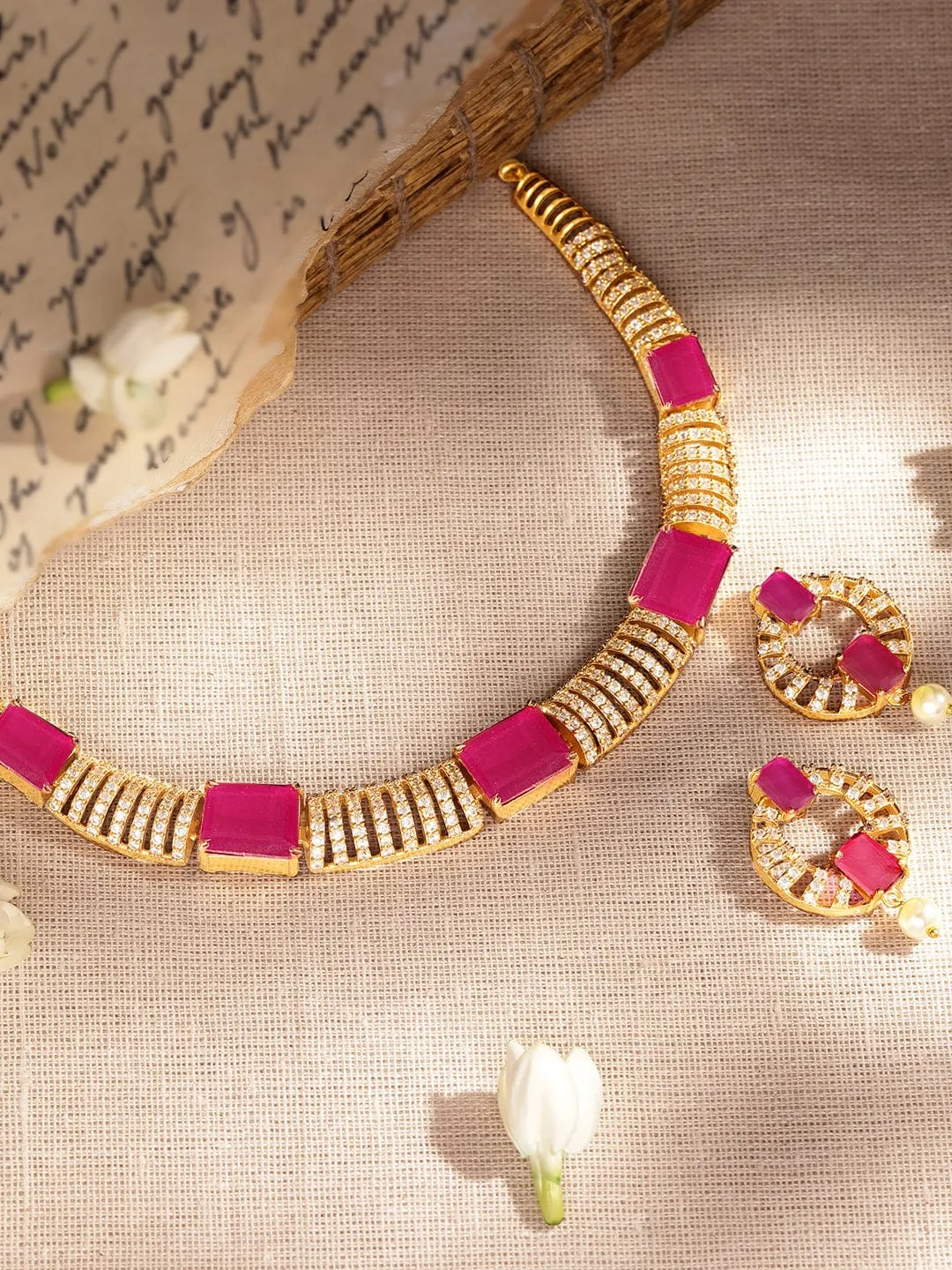 Rubans 22K Gold-Plated Ruby Pink & White Cubic Zirconia Studded Premium Jewellery Set with Earrings