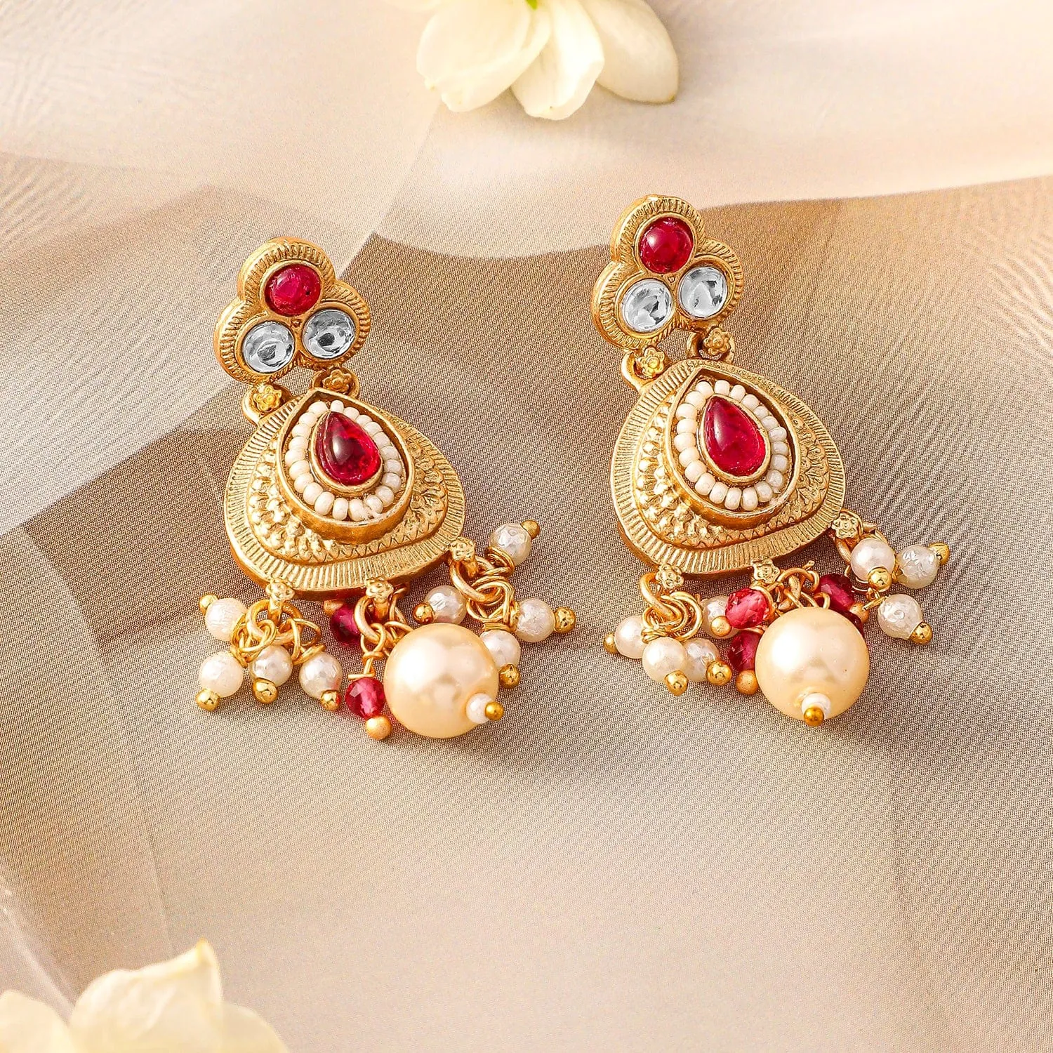 Rubans 22K Gold-Plated Ruby Pink & White Kundan Studded Traditional Necklace Set with Pearl Drops