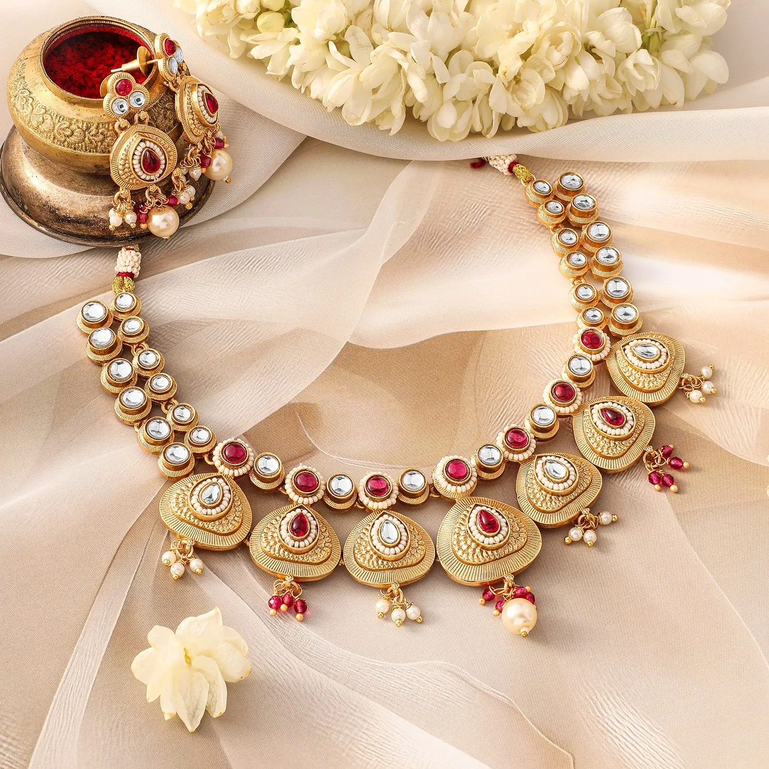 Rubans 22K Gold-Plated Ruby Pink & White Kundan Studded Traditional Necklace Set with Pearl Drops