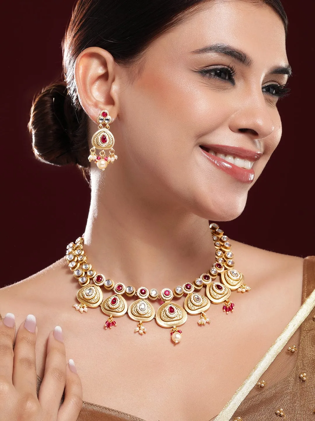 Rubans 22K Gold-Plated Ruby Pink & White Kundan Studded Traditional Necklace Set with Pearl Drops