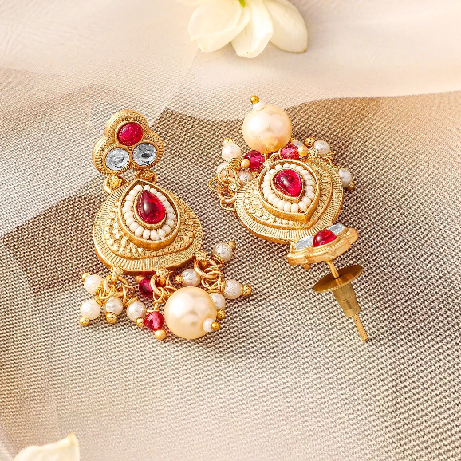 Rubans 22K Gold-Plated Ruby Pink & White Kundan Studded Traditional Necklace Set with Pearl Drops