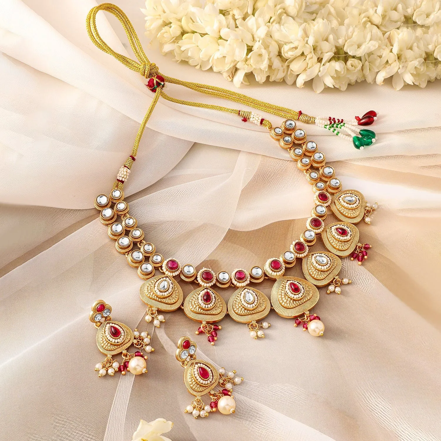 Rubans 22K Gold-Plated Ruby Pink & White Kundan Studded Traditional Necklace Set with Pearl Drops