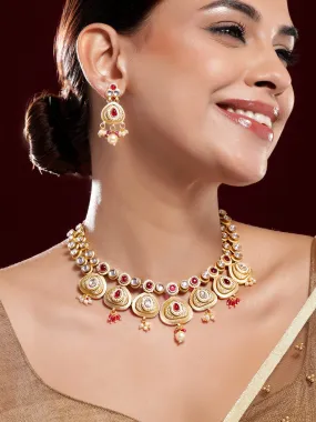 Rubans 22K Gold-Plated Ruby Pink & White Kundan Studded Traditional Necklace Set with Pearl Drops