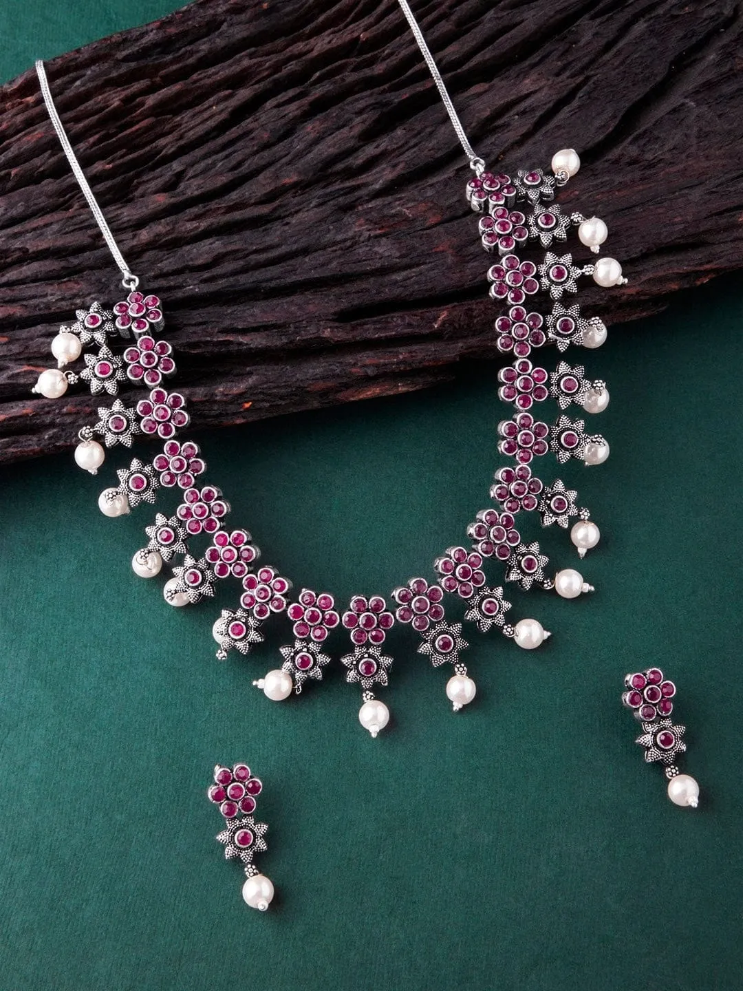 Rubans Oxidised Silver Plated Faux Ruby Floral Necklace Set