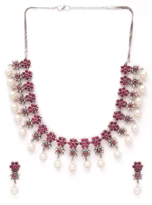 Rubans Oxidised Silver Plated Faux Ruby Floral Necklace Set