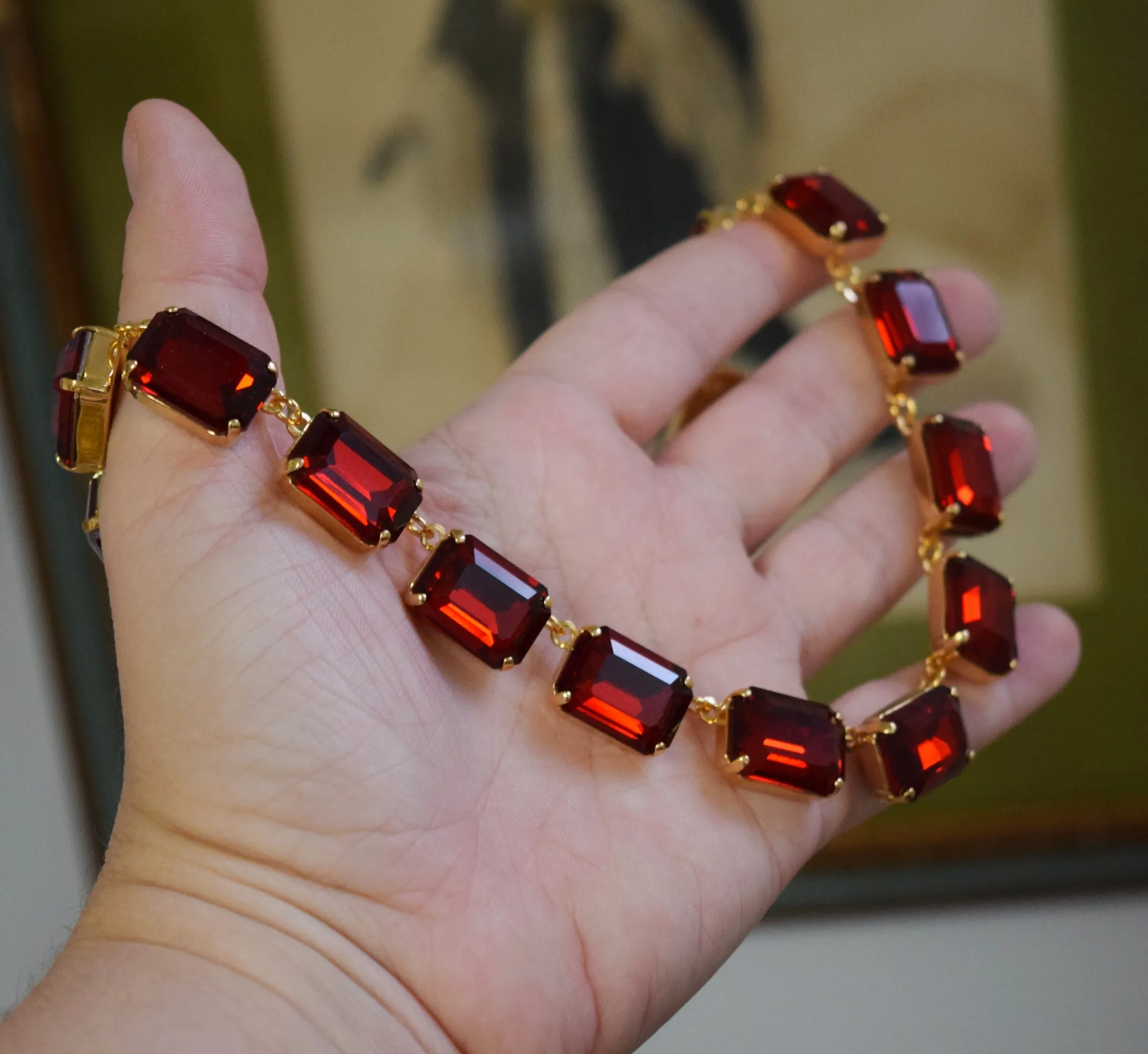 Ruby Red Aurora Crystal Collet Necklace - Large Octagon