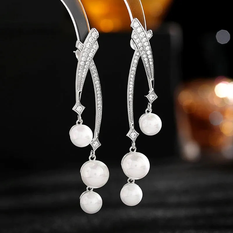 s925 silver needle simple atmospheric design earrings niche design high-end cross-line pearl earrings