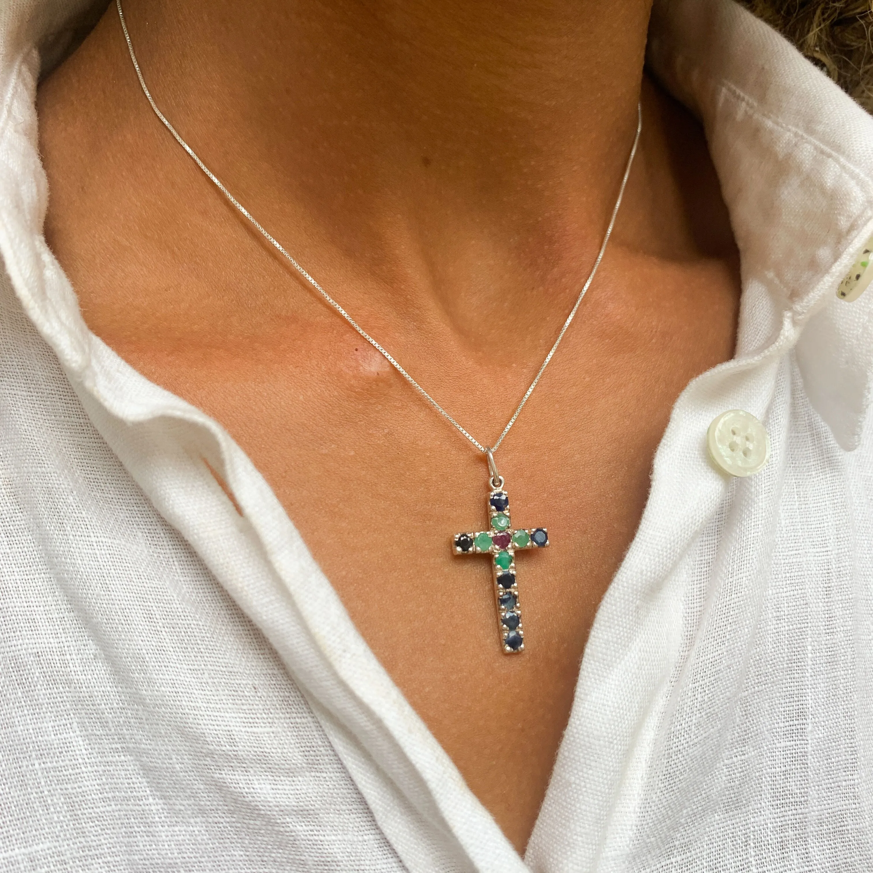 Sapphire Cross Pendant - Blue Cross Necklace - September Birthstone Necklace