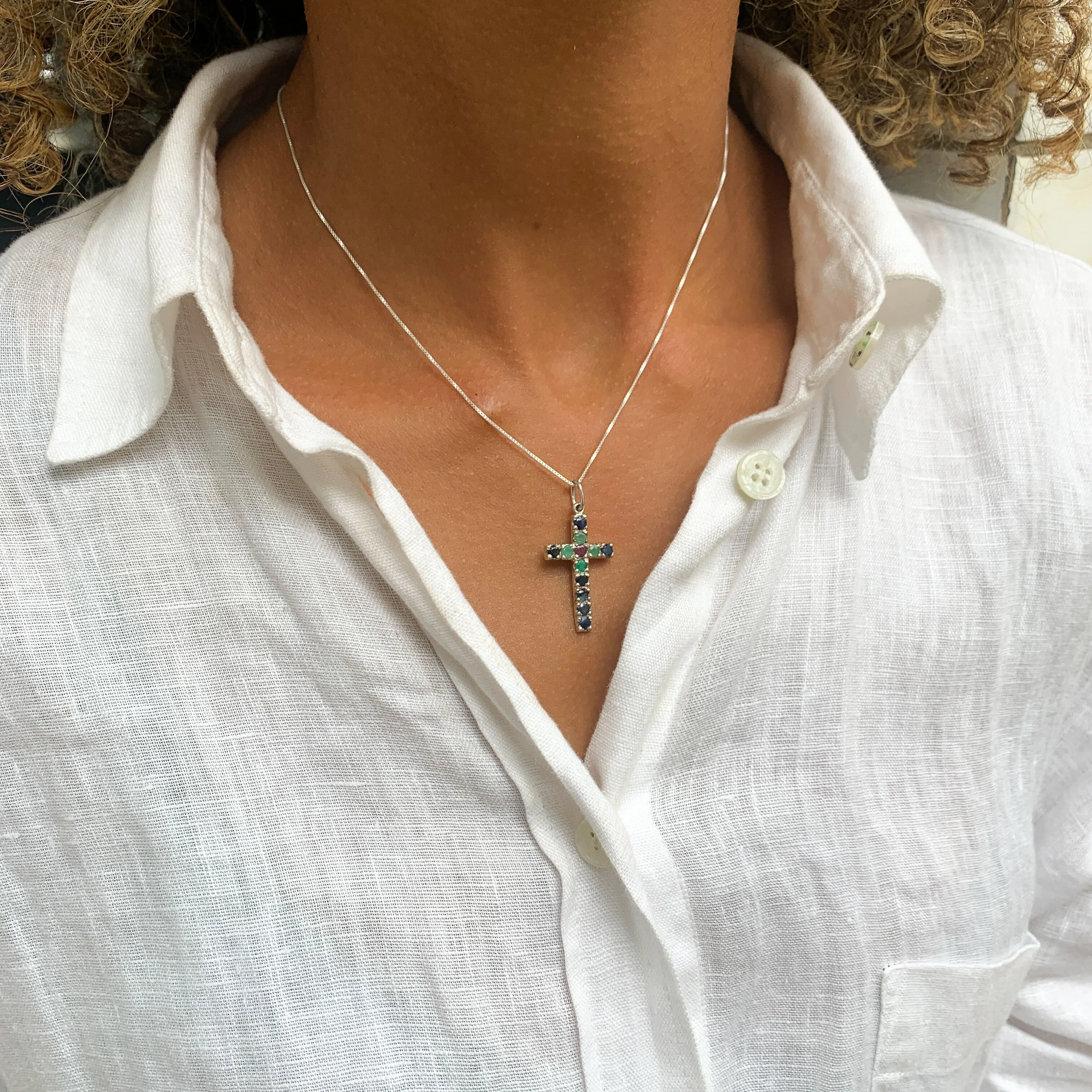 Sapphire Cross Pendant - Blue Cross Necklace - September Birthstone Necklace