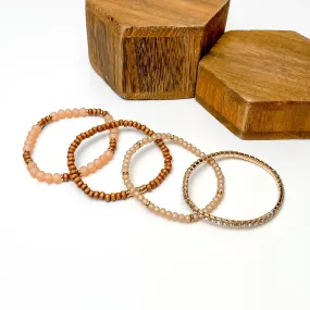 Set of Four | Happy Hideaway Faux Wood Beaded Bracelet Set with Clear Crystals in Dusty Pink