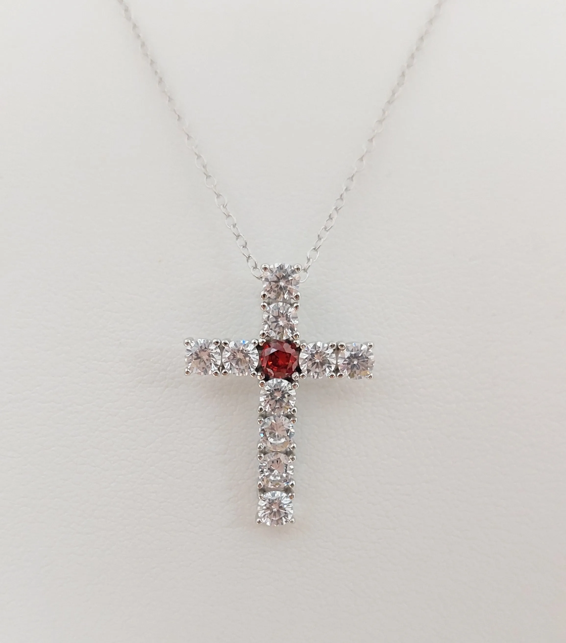 Silver Simulated Ruby/Diamond Cross Necklace