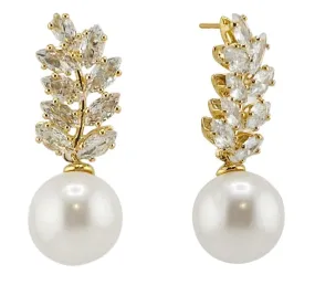 SJE311030 14K Dangle Pearl Leaf CZ Post Earrings