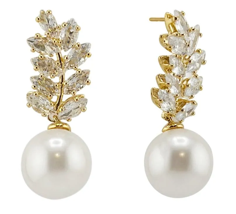 SJE311030 14K Dangle Pearl Leaf CZ Post Earrings