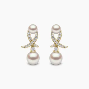 Sleek 18K Gold Akoya Pearl and Diamond Motif Earrings