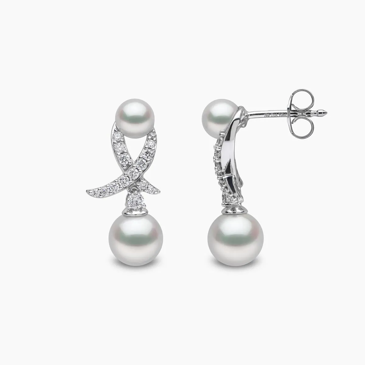 Sleek 18K Gold Akoya Pearl and Diamond Motif Earrings