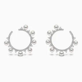 Sleek 18K Gold Pearl and Diamond Circle Earrings