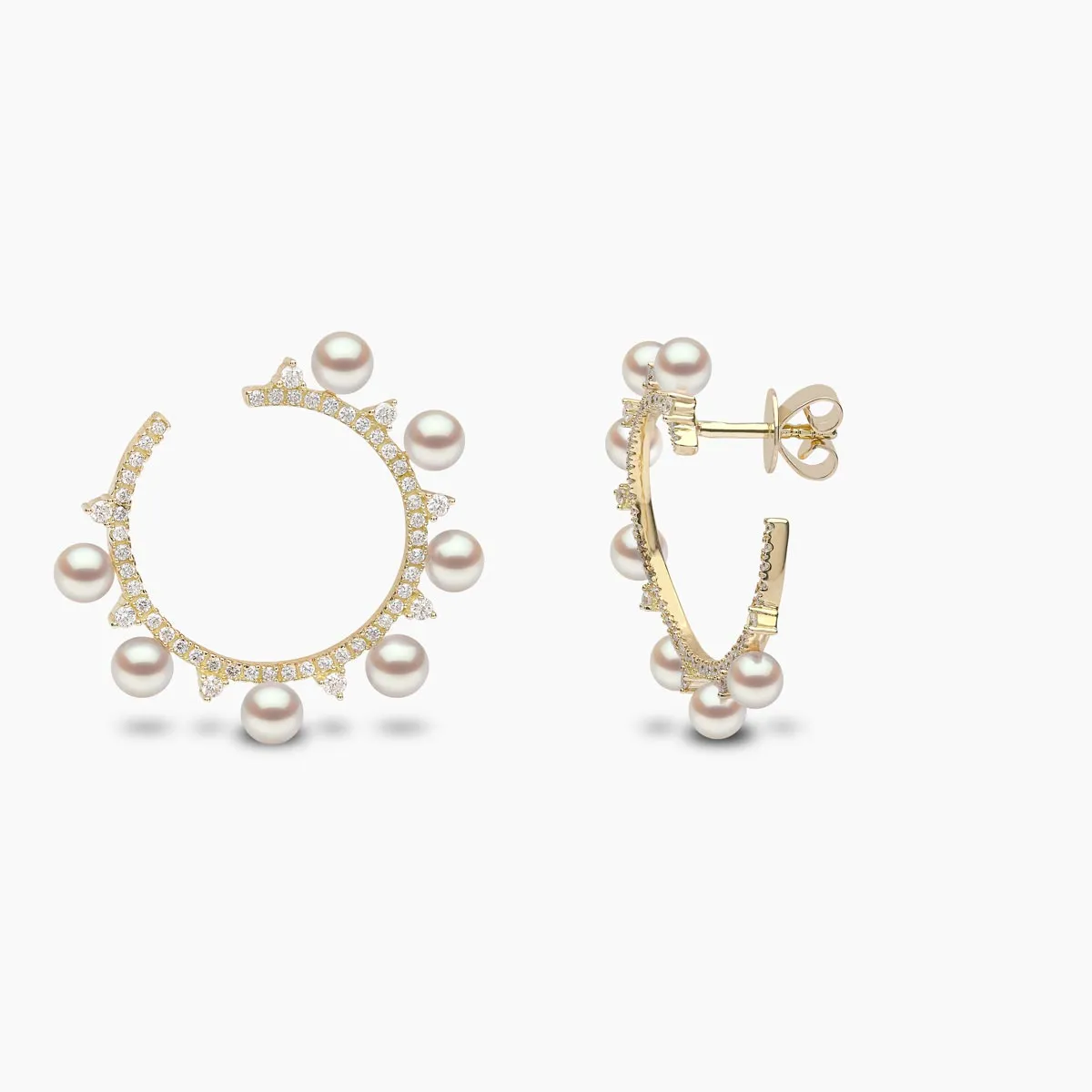 Sleek 18K Gold Pearl and Diamond Circle Earrings