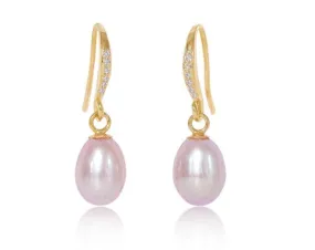 Stella cultured pink freshwater teardrop pearl hanging earrings on sparkle gold hooks