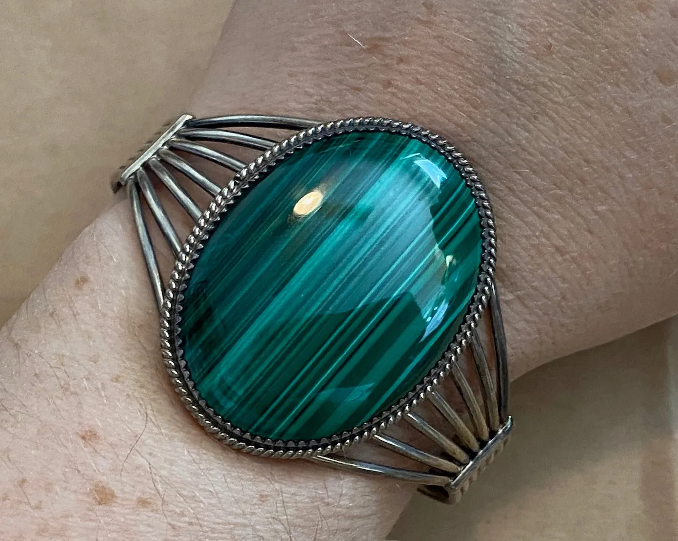 Sterling Silver 925 Large Green Malachite Cabochon Cuff Bracelet