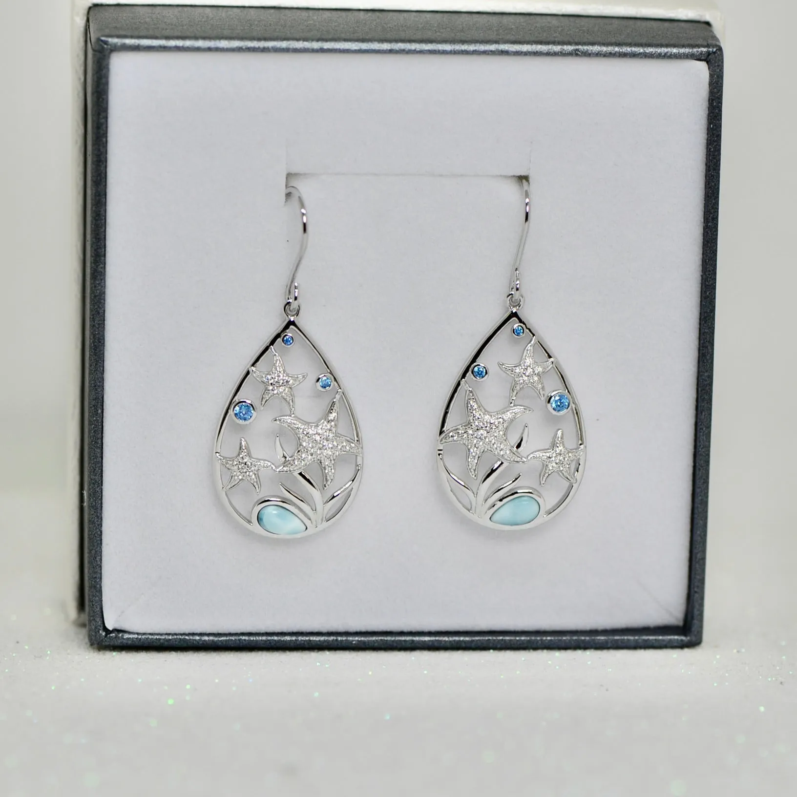 Sterling Silver Alamea Larimar Blue Topaz Starfish Dangle Earrings