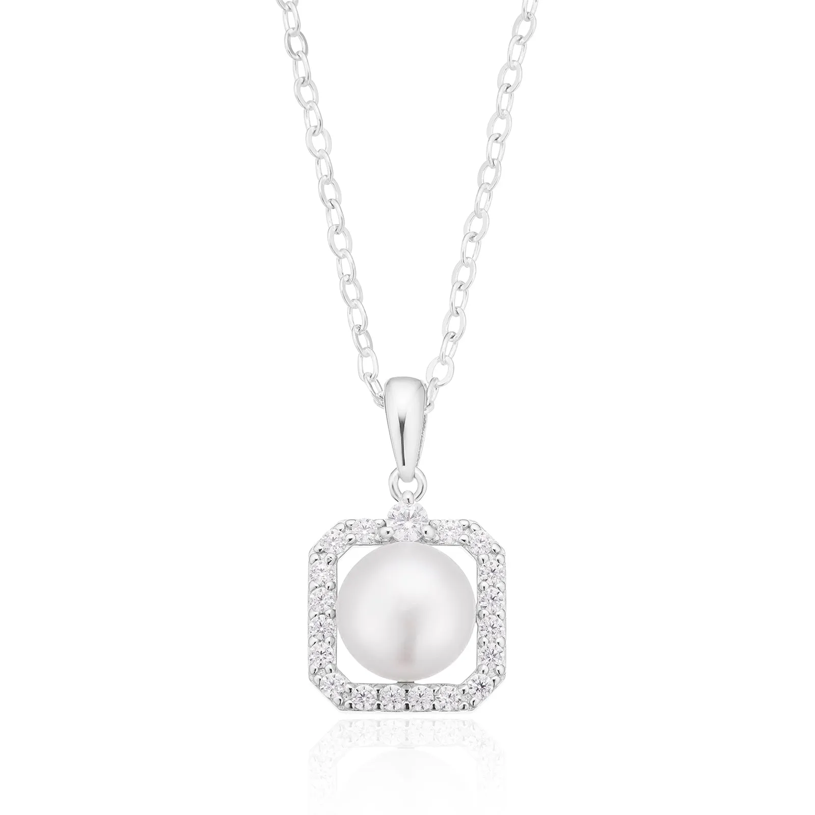 Sterling Silver  Button 8.5 mm White Fresh Water Pearl Cubic Zirconia Pendant