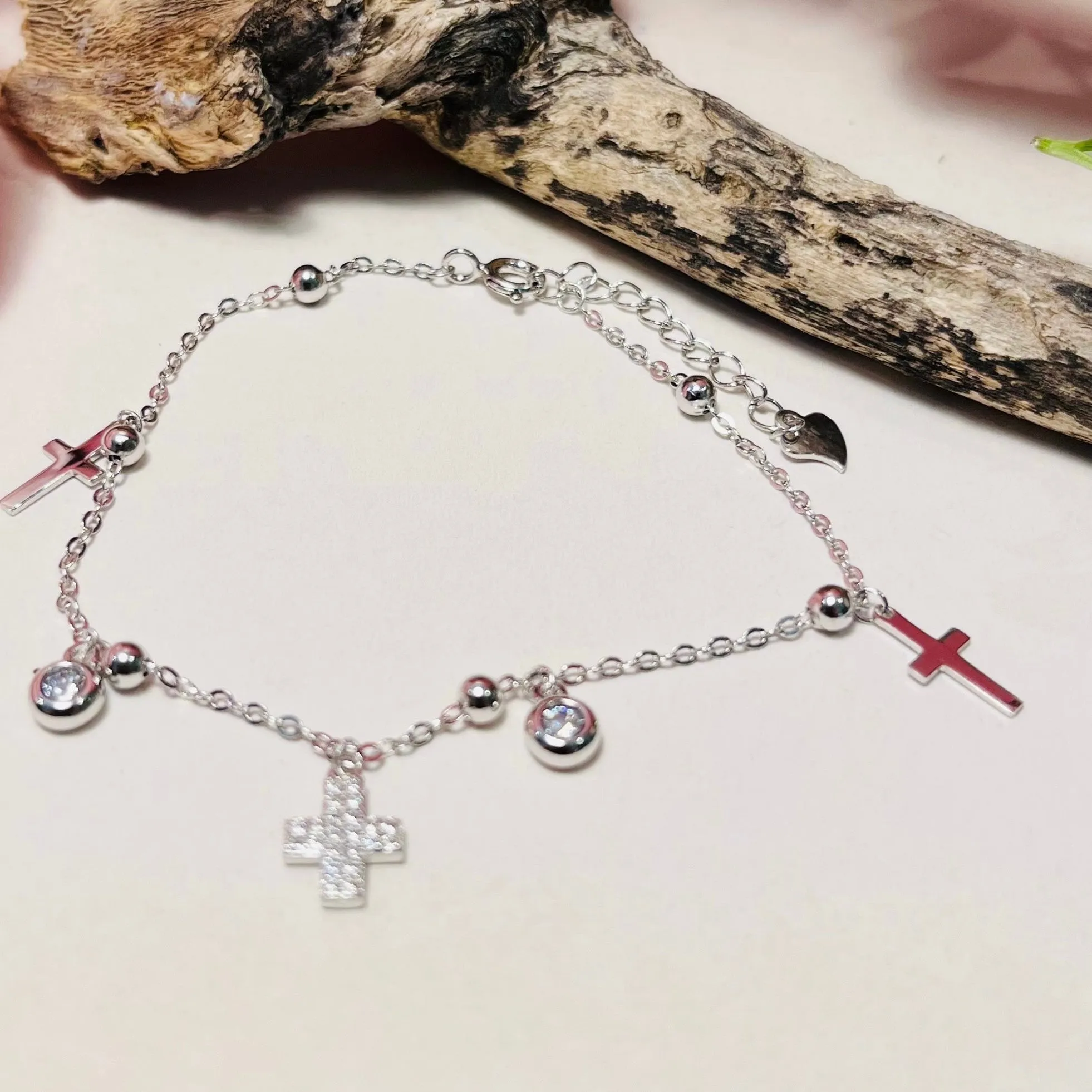 Sterling Silver Charm Bracelet With Clear Cubic Zirconias