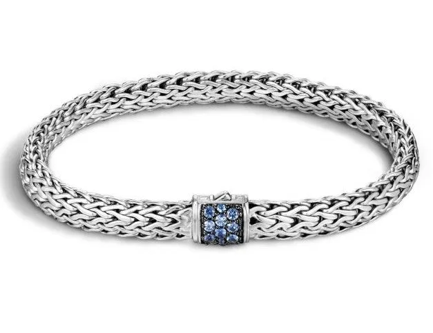 Sterling Silver Classic Chain Bracelet with Blue Sapphire Clasp