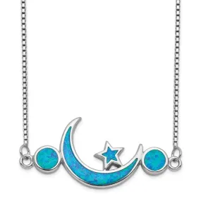 Sterling Silver Created Blue Opal Moon & Star Necklace