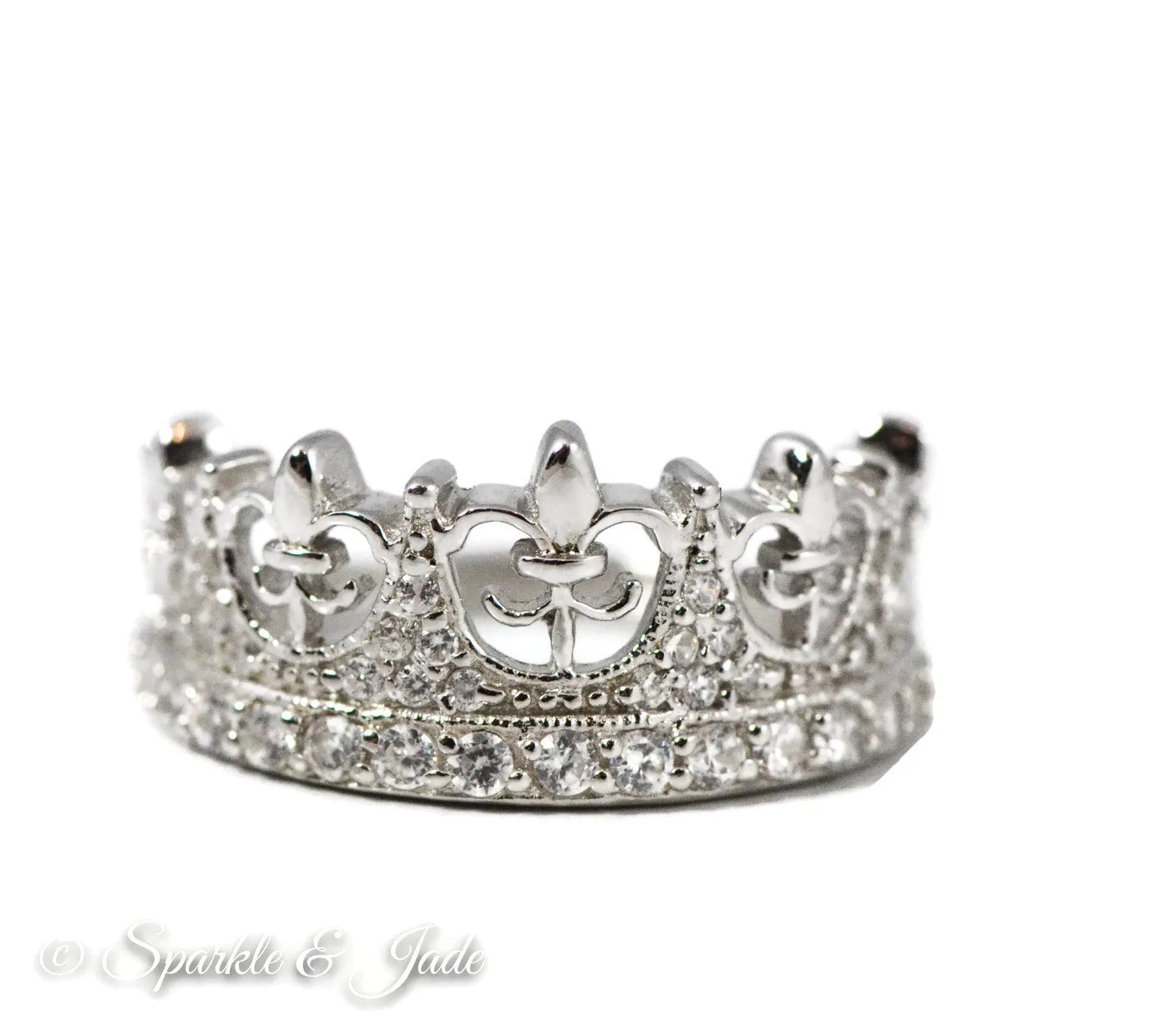 Sterling Silver Fleur-de-lis Crown CZ Ring