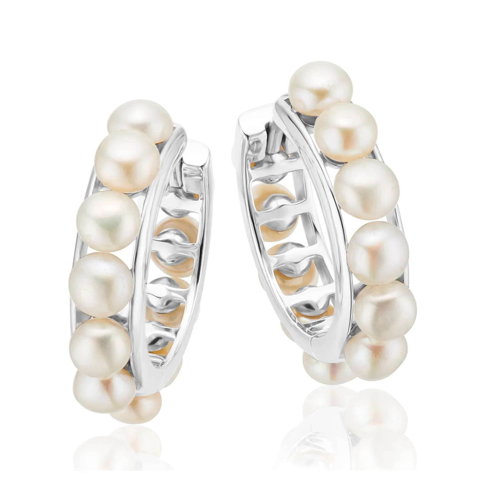 Sterling Silver Round White Fresh Water Pearl Huggie Earrings