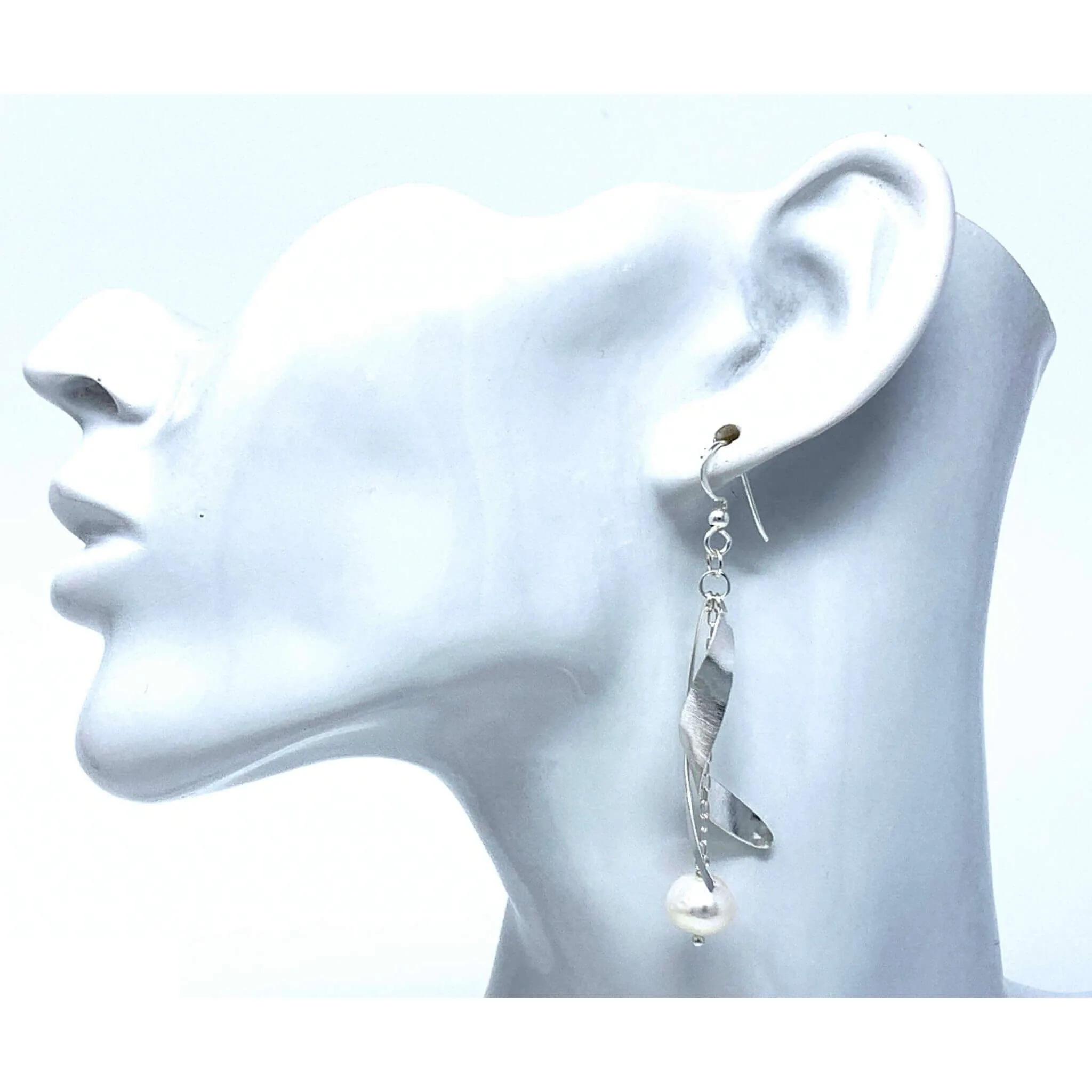 Sterling Silver Twist Earrings Beaded With Freshwater Pearl