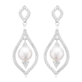 Sterling Silver with 7.5 - 8 mm  Freshwater Pearl & White Cubic Zirconia Drop Earrings