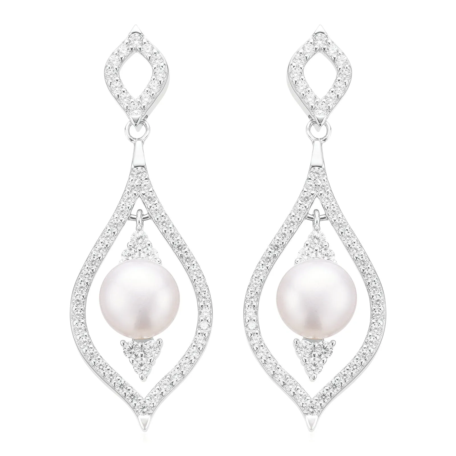 Sterling Silver with 7.5 - 8 mm  Freshwater Pearl & White Cubic Zirconia Drop Earrings