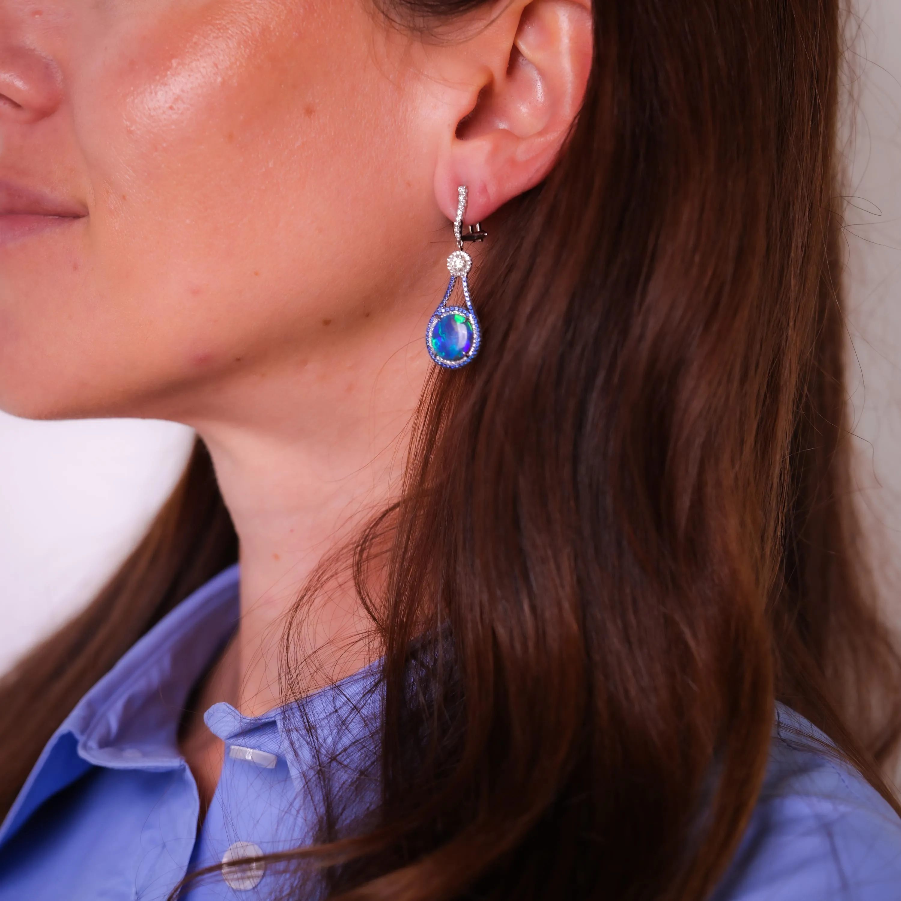 Stunning contemporary black opal diamond sapphire 18k white gold drop earrings