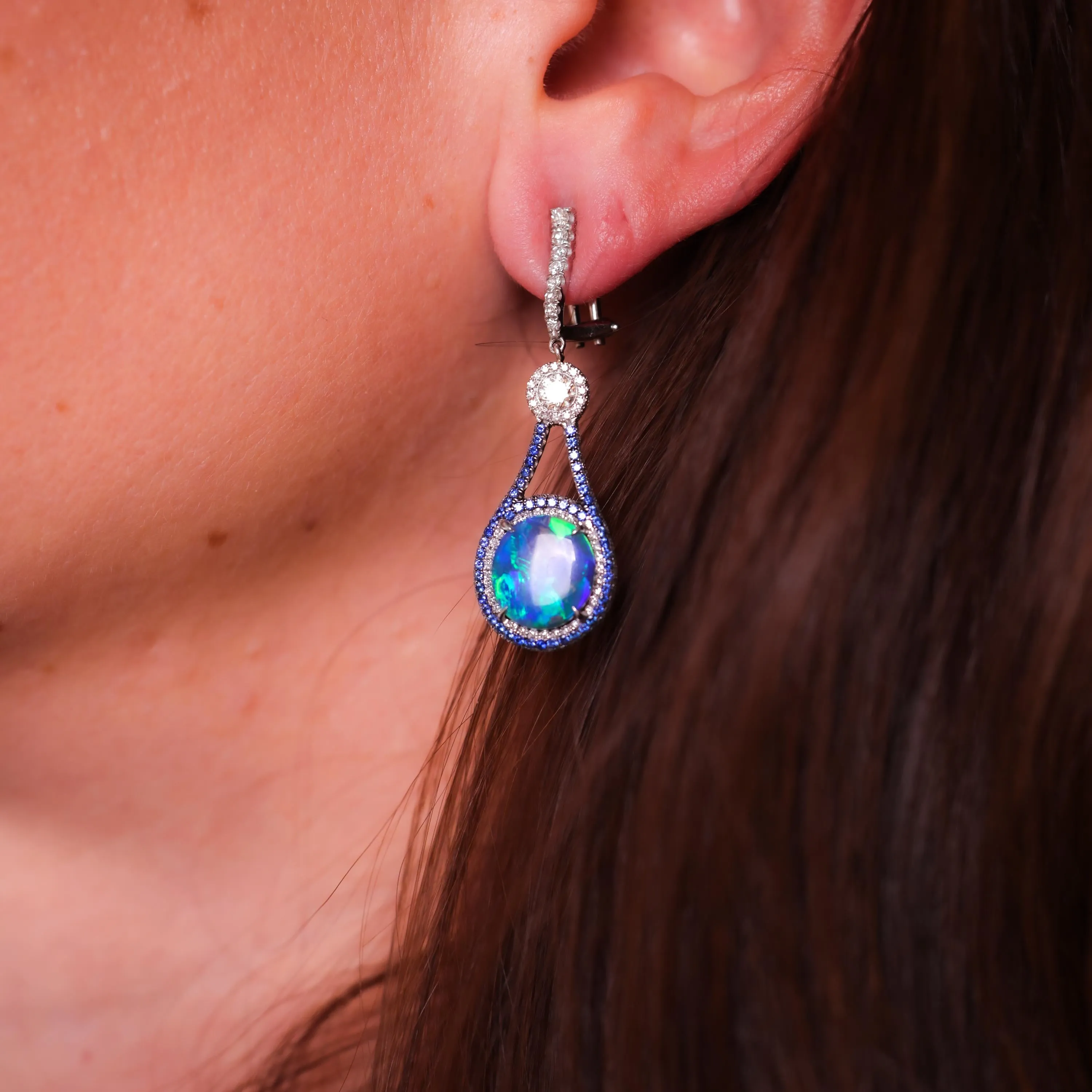 Stunning contemporary black opal diamond sapphire 18k white gold drop earrings