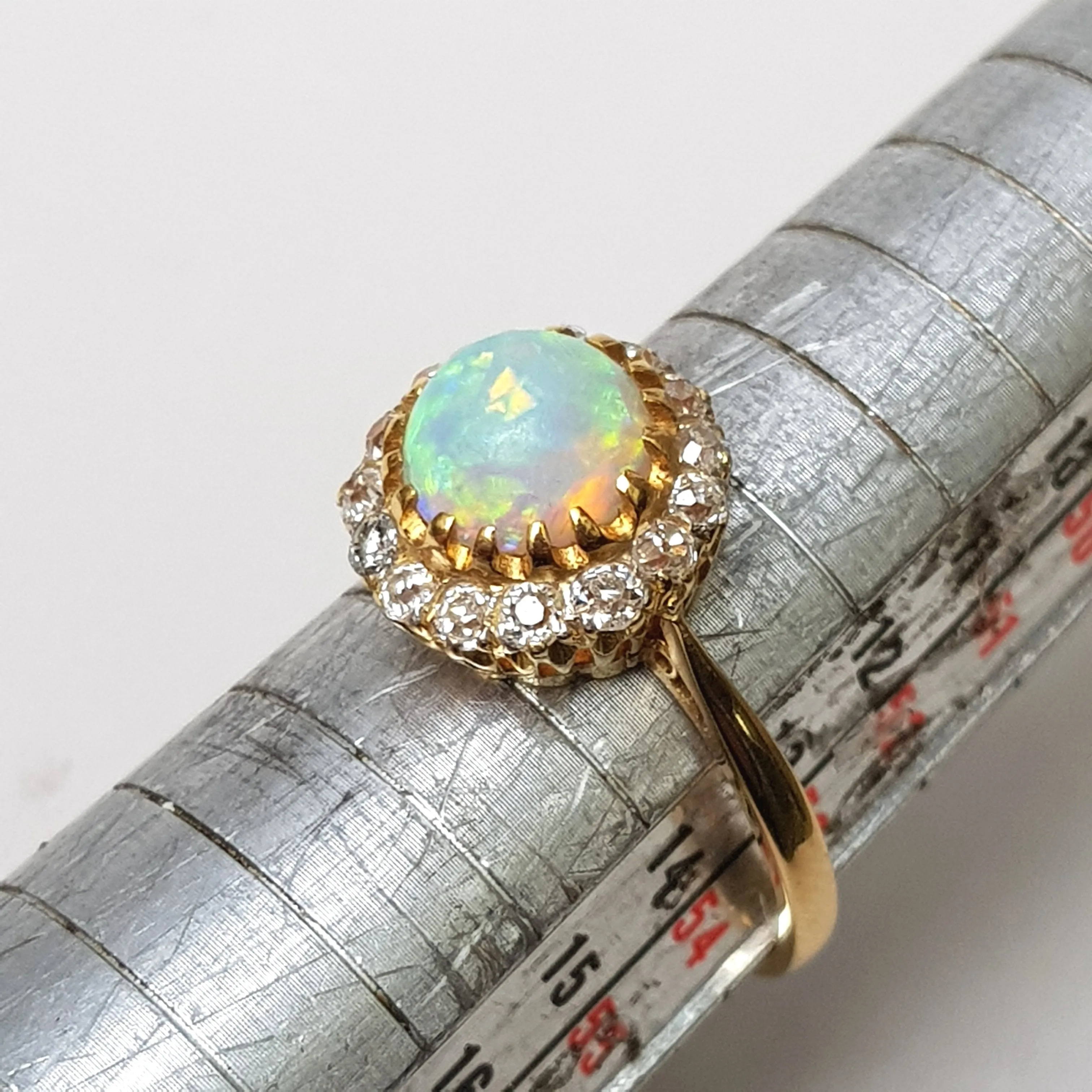 Superb 18k Gold Diamond And Opal Cabochon Daisy Cluster Ring Size U.K N 1/2 Vintage Art Deco circa 1920's