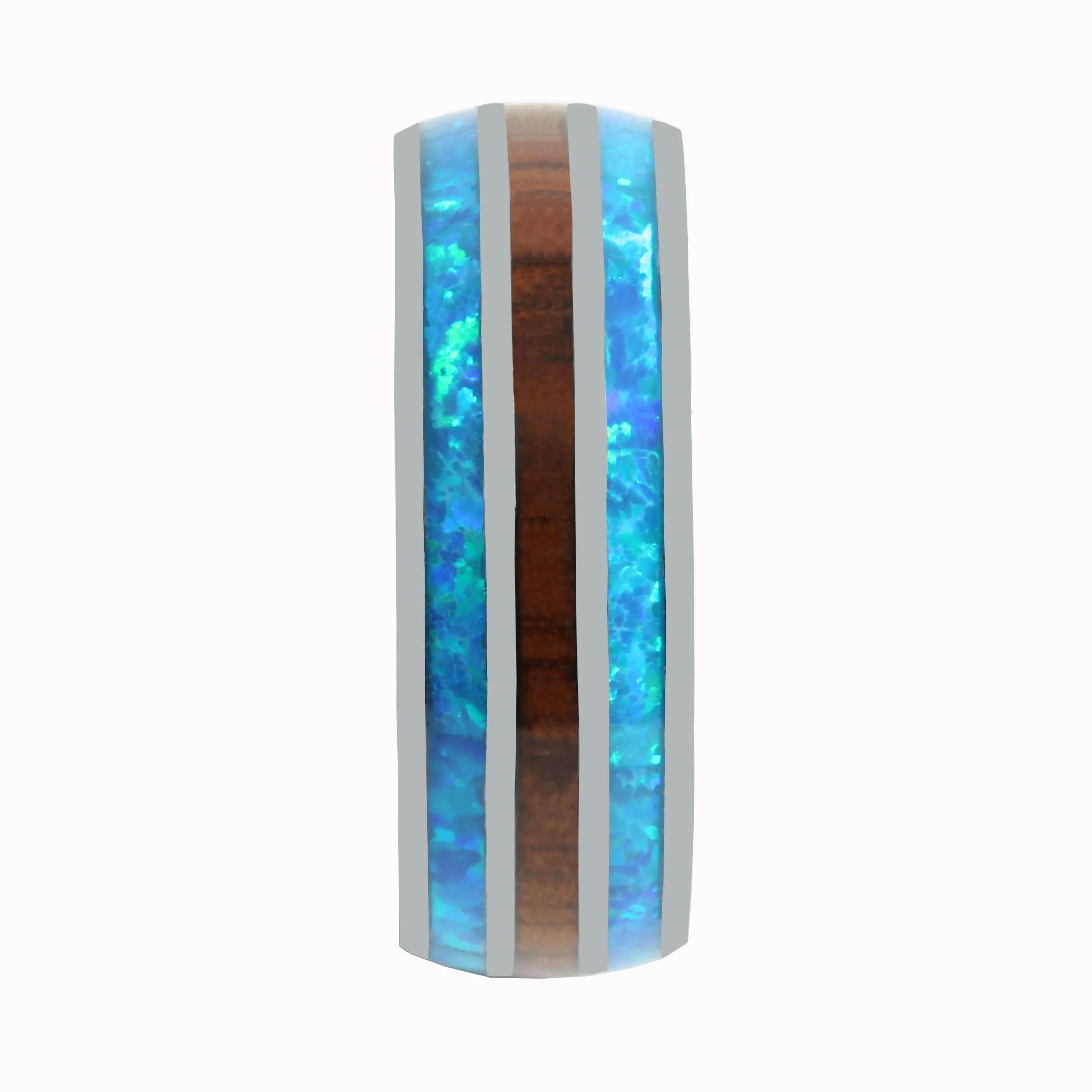 Tantalum with Blue Opal and Koa Wood Inlaid Wedding Ring Barrel 8mm