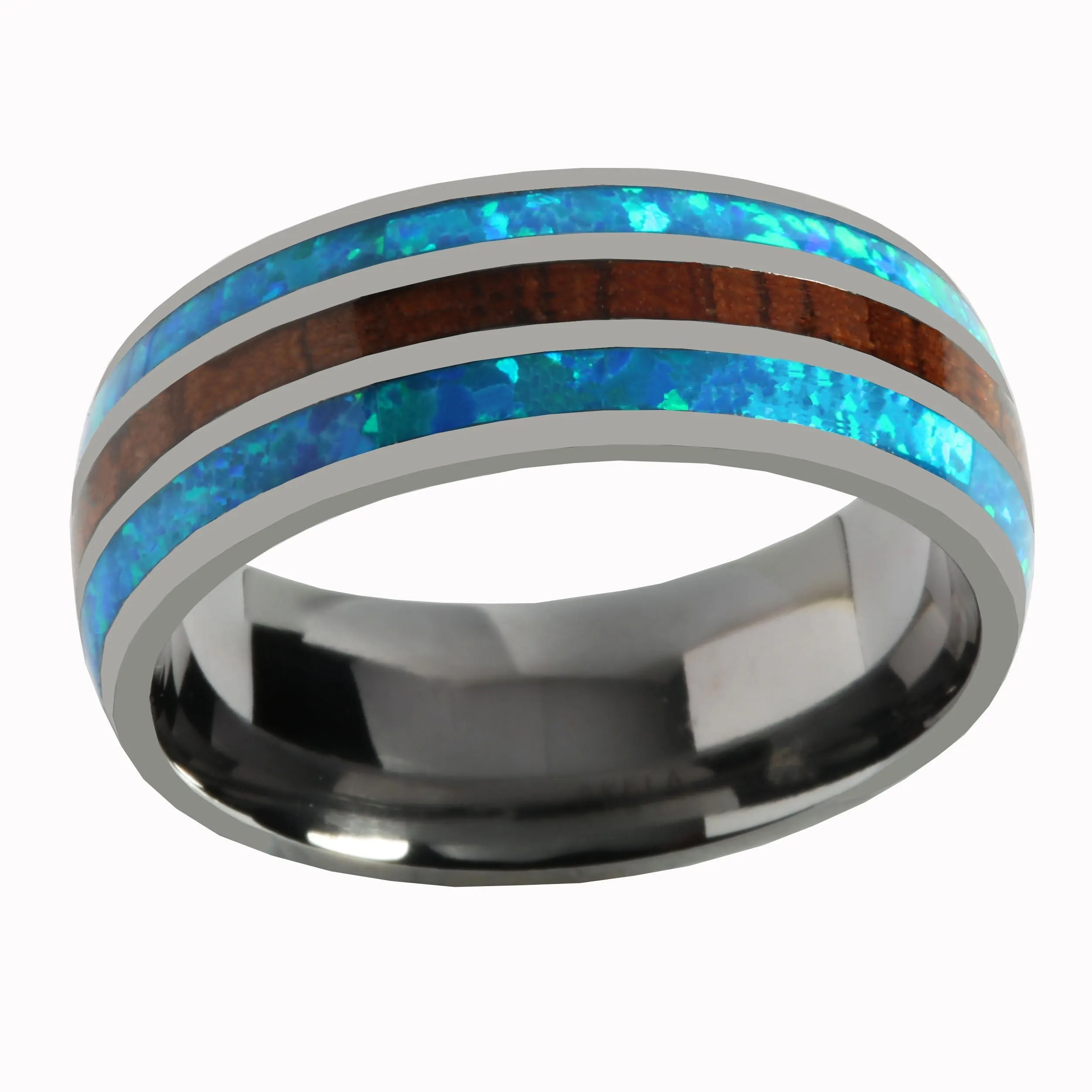 Tantalum with Blue Opal and Koa Wood Inlaid Wedding Ring Barrel 8mm