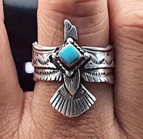 Thunderbird Turquoise Silver Ring Eagle Wings Natural Stone Adjustable Southwestern Native Finger Cuff Great For Stacking Rings!