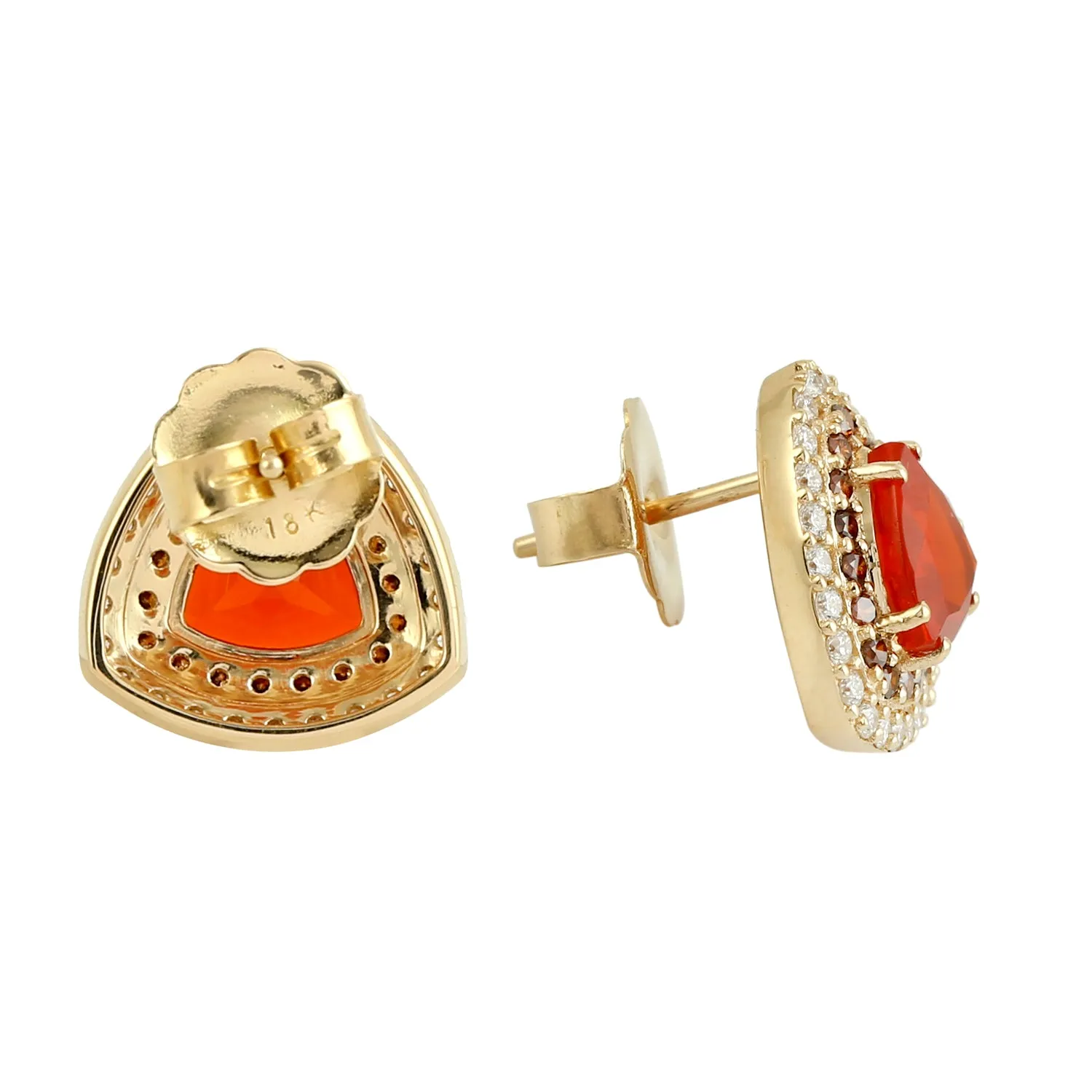 Trillion Fire Opal Pave Natural Diamond Stud In 18K Yellow Gold Jewelry For October Birthstone