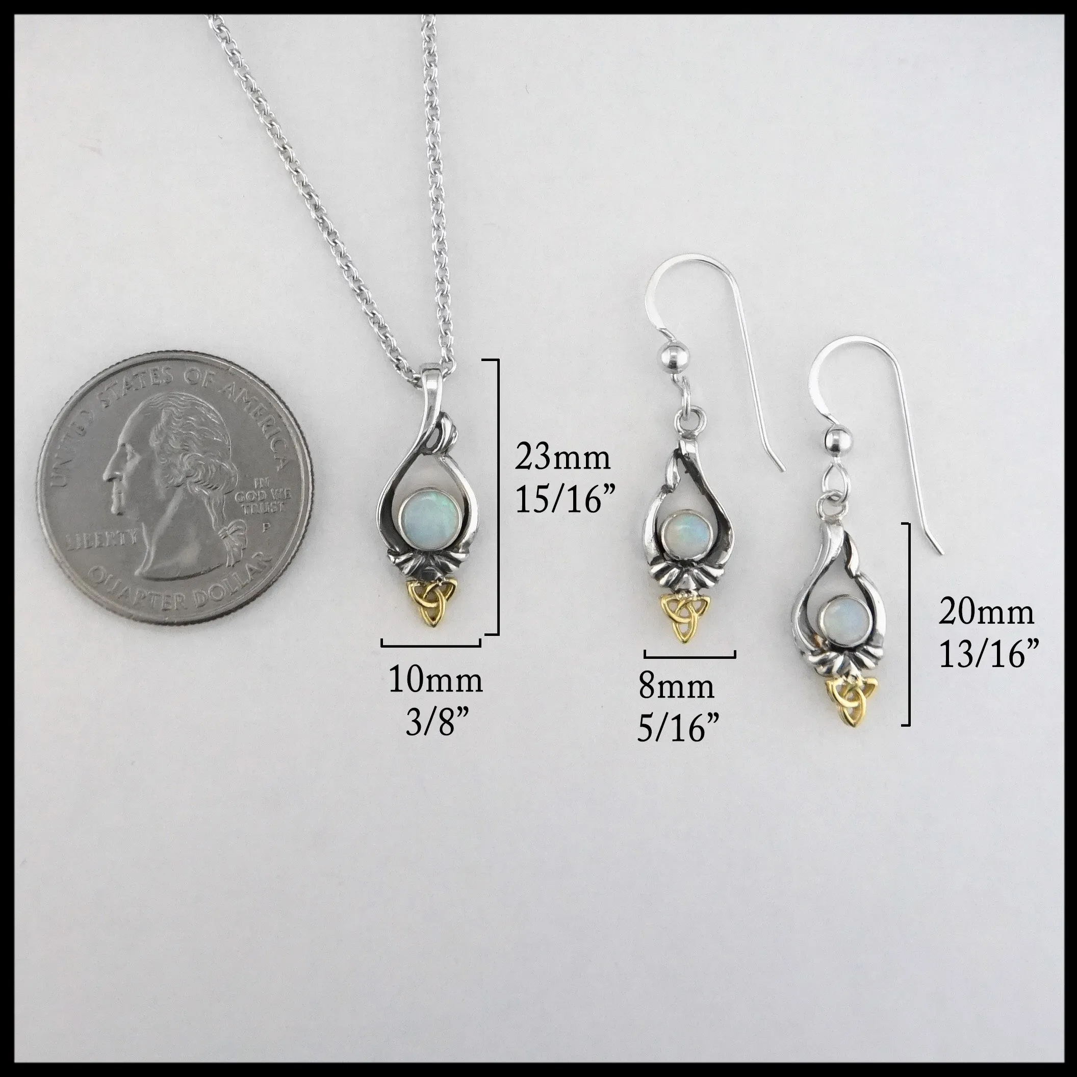 Trinity Knot Pendant and Earring set with Opal