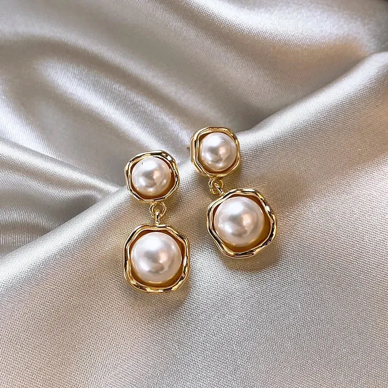 VAIGE Chic Pearl Geometric Drop Earrings in Silver and Gold