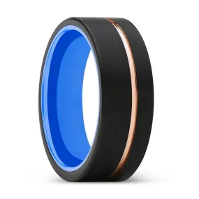 VELATRIX | Blue Ring, Black Tungsten Ring, Rose Gold Offset Groove, Brushed, Flat