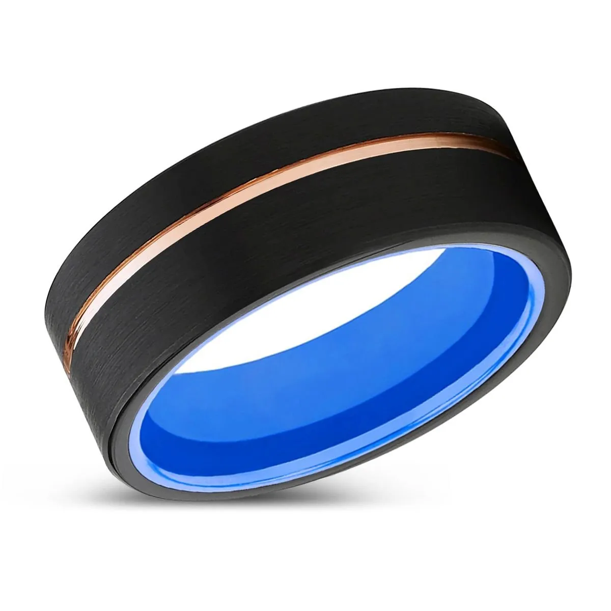 VELATRIX | Blue Ring, Black Tungsten Ring, Rose Gold Offset Groove, Brushed, Flat