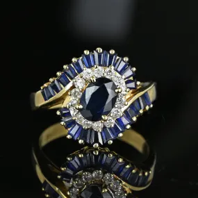 Vintage 14K Gold Bypass Diamond Baguette Sapphire Ring