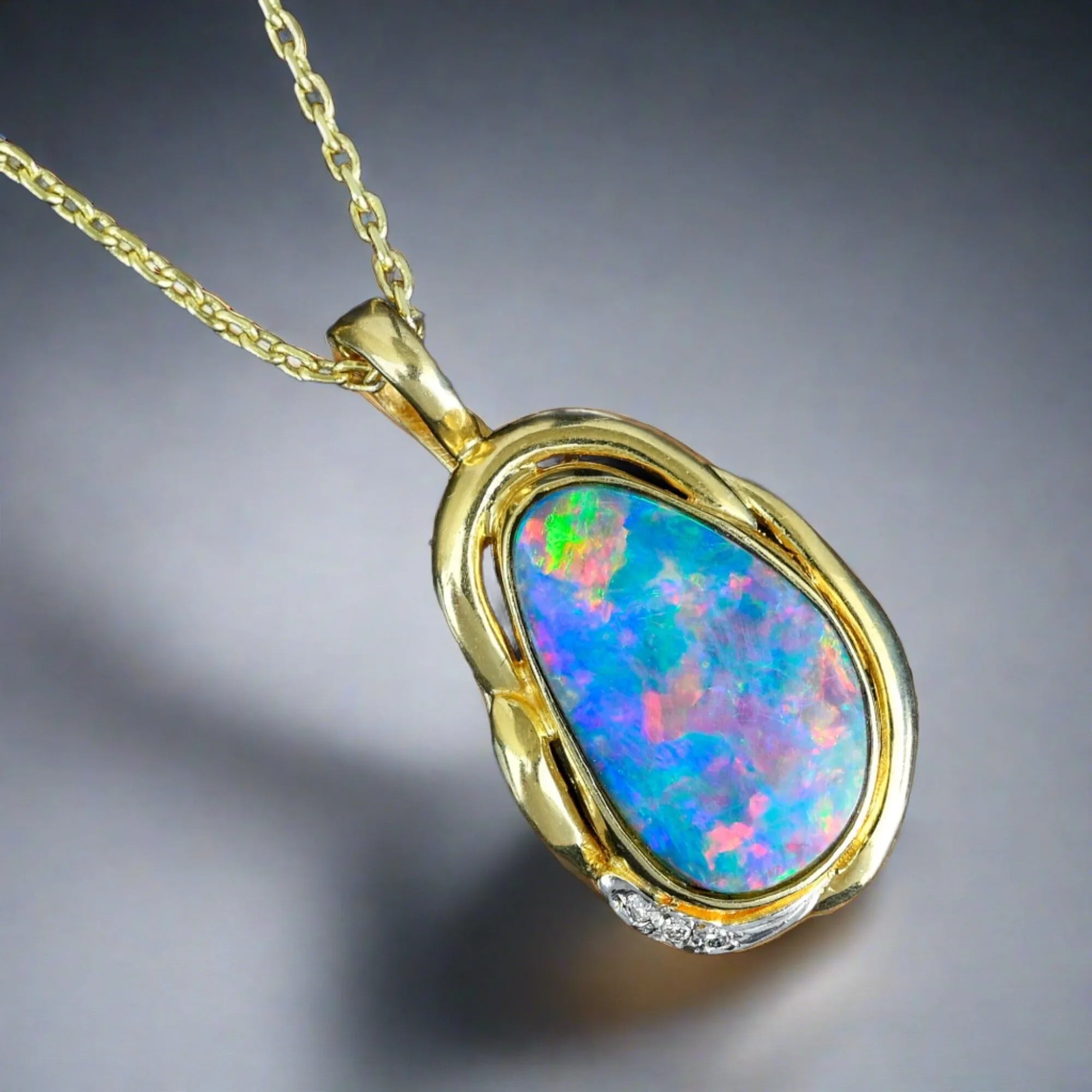 Vintage 14K Gold Diamond Boulder Opal Pendant Necklace