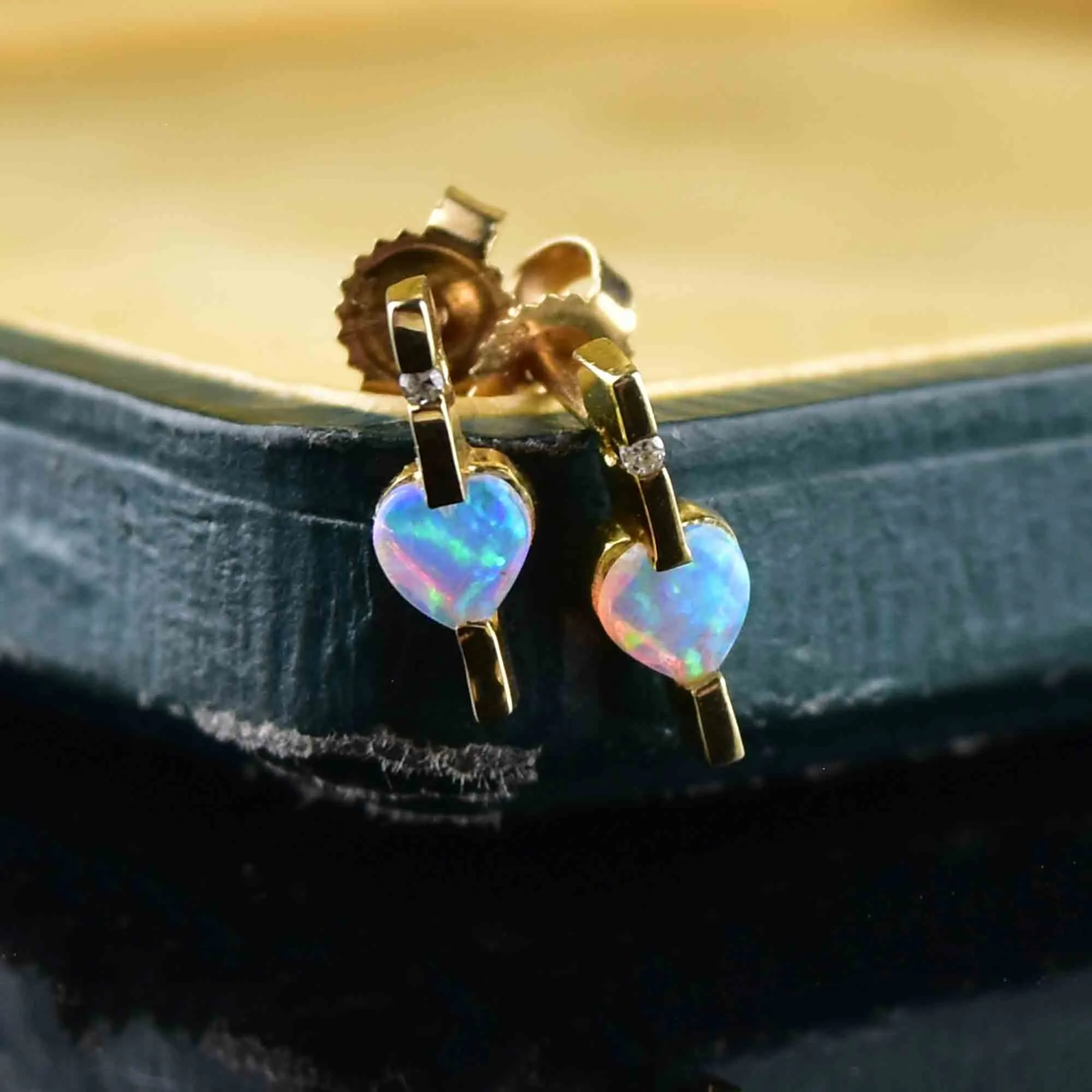 Vintage 14K Gold Var Diamond Opal Heart Earrings