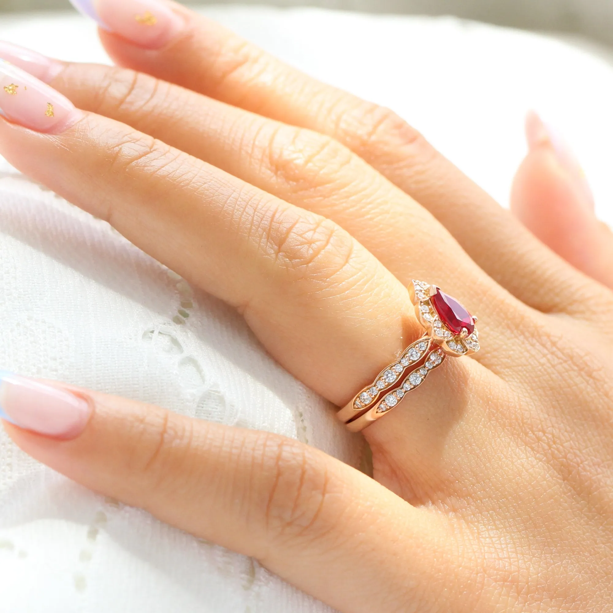 Vintage Floral Pear Ruby Ring Set w/ Matching Scalloped Diamond Wedding Band