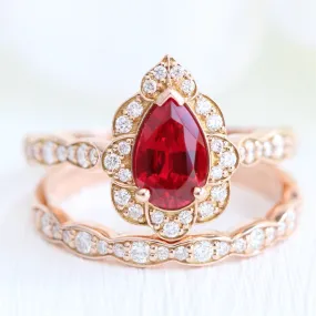 Vintage Floral Pear Ruby Ring Set w/ Matching Scalloped Diamond Wedding Band