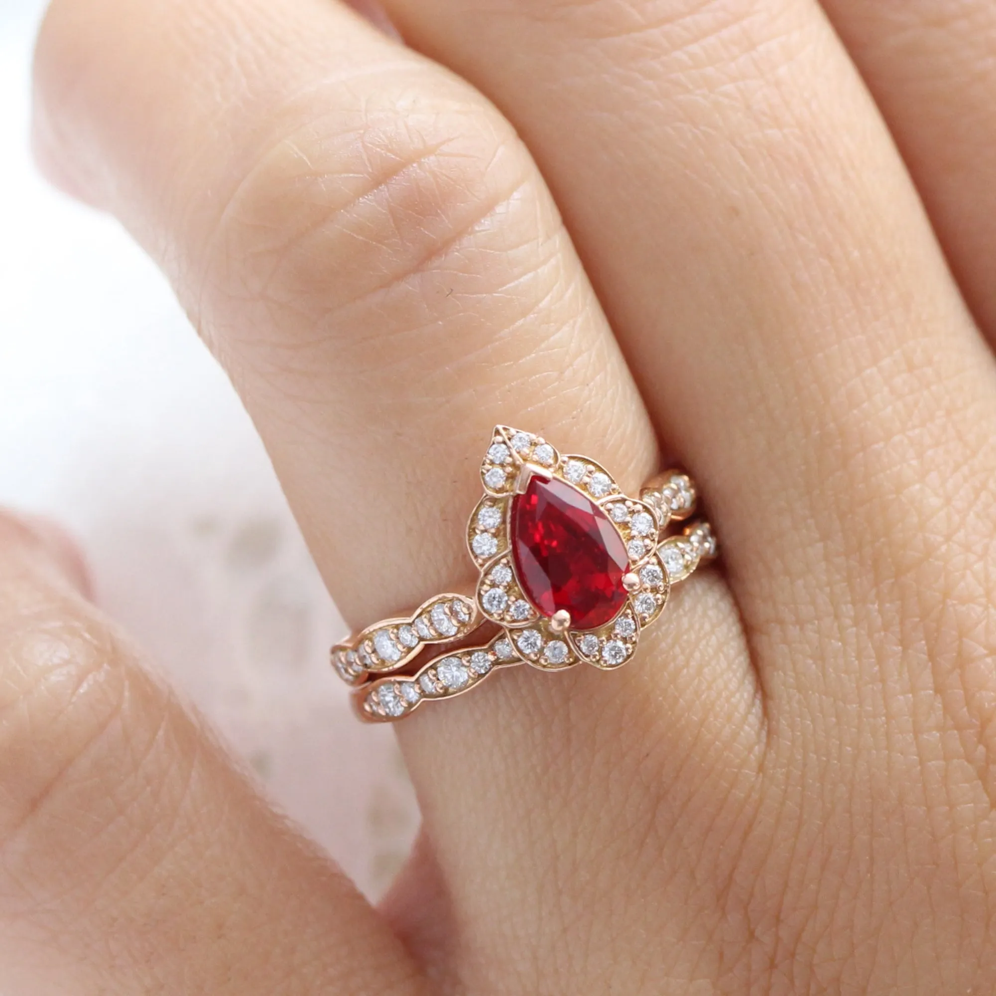 Vintage Floral Pear Ruby Ring Set w/ Matching Scalloped Diamond Wedding Band